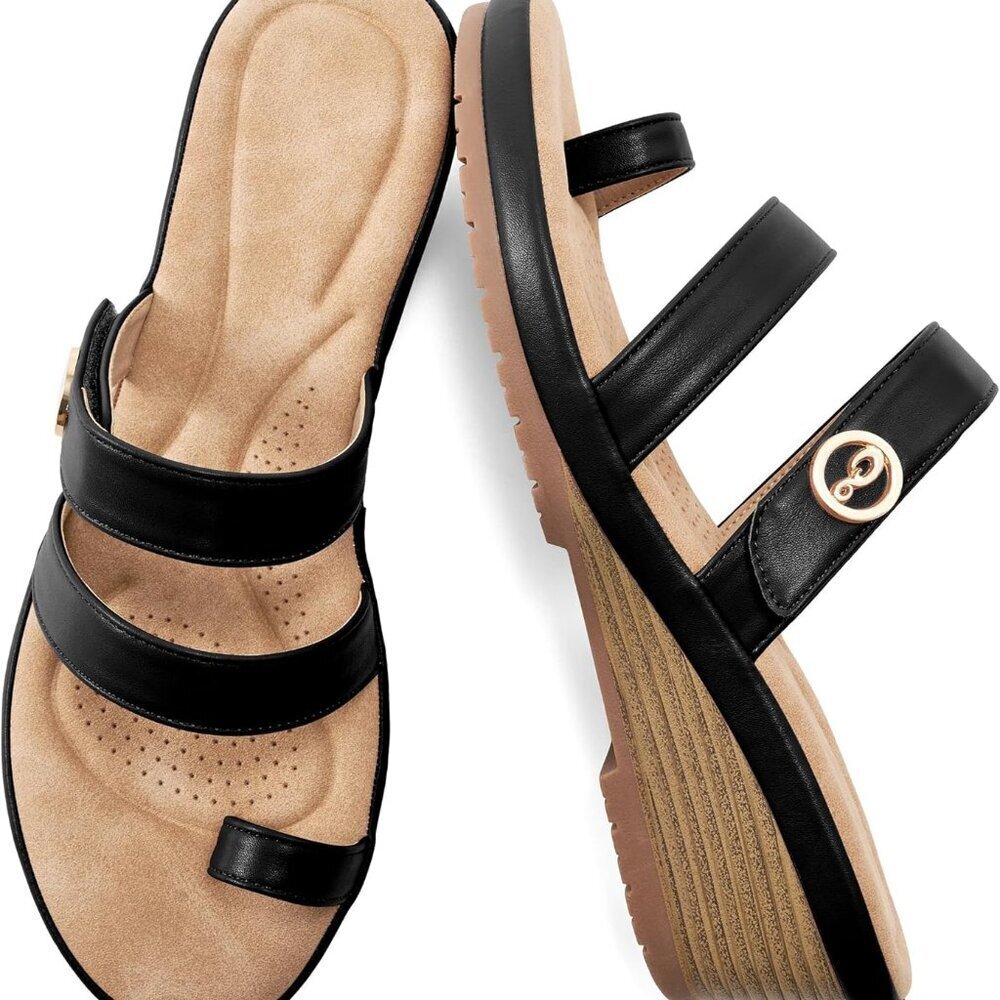 Wedge Sandals Women Faux Leather Summer Slip On Dressy Casual Shoes - Picture 1 of 6
